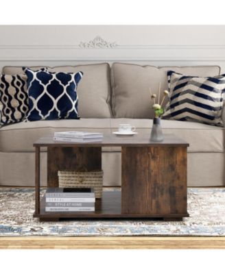 2 Tiers Square Coffee Table with Storage and Non-Slip Foot Pads-Rustic Brown