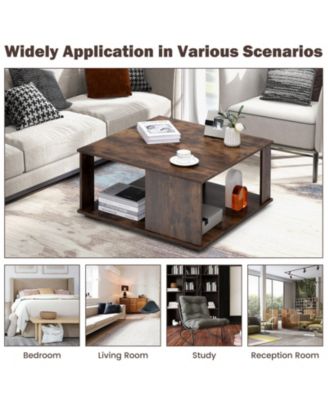 2 Tiers Square Coffee Table with Storage and Non-Slip Foot Pads-Rustic Brown