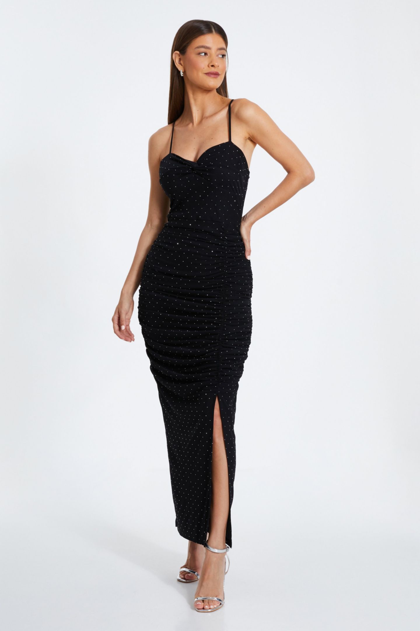 Женское платье QUIZ Hotfix Mesh Strappy Maxi, цвет: Чёрный — фото 1