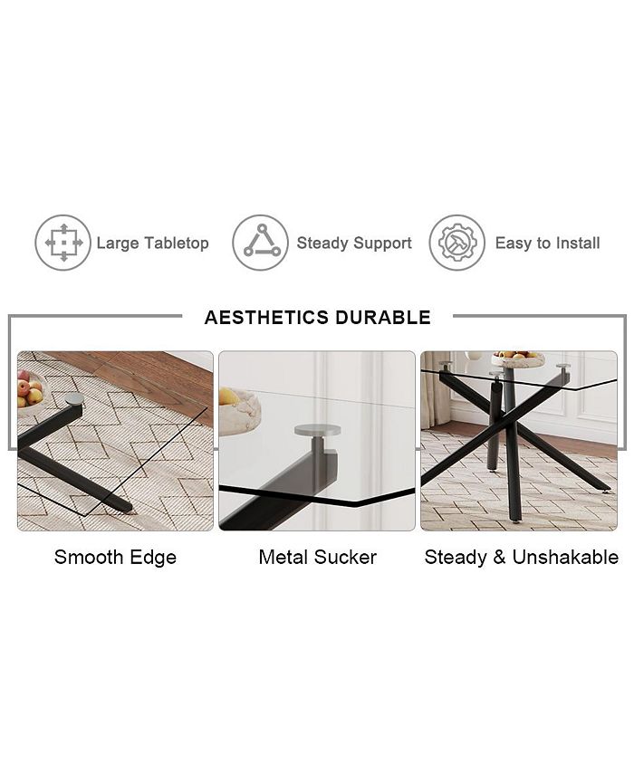 Simplie Fun Modern Rectangular Glass Dining Table with Black Metal Legs ...