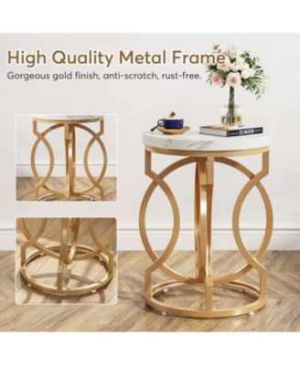 Round End Table, Multifunctional Accent Table Small Side Table for Living Room, Modern White Gold Nightstand with Faux Marble Tabletop, Bedside Table for Bedroom (1 PC)