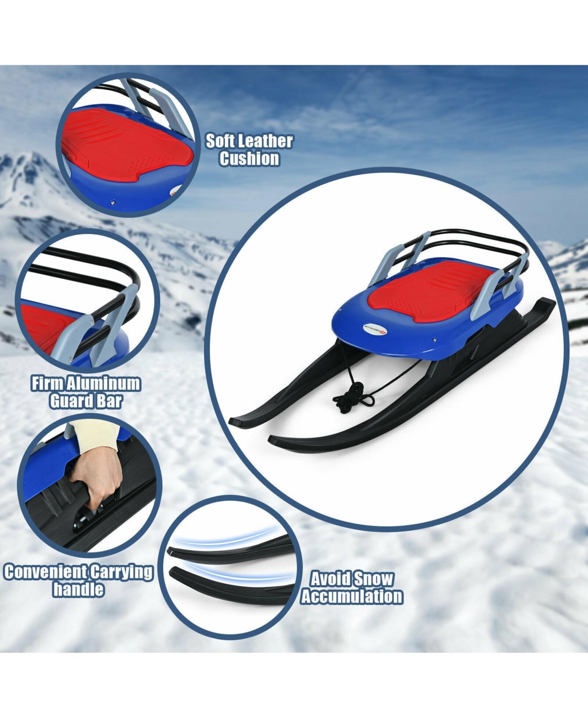 Vebreda Folding Kids' Metal Snow Sled with Pull Rope Snow Slider and Leather Seat