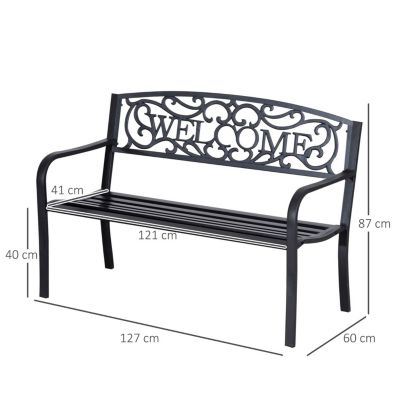 50" Black Metal Welcome Bench with Slatted Seat for Outdoor Spaces