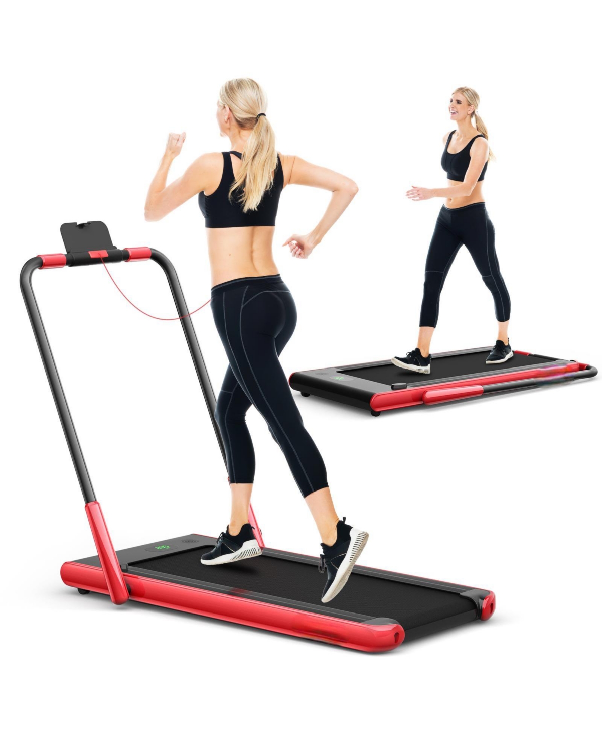 2-in-1 Folding Treadmill with Remote Control and Led Display-Red - Red