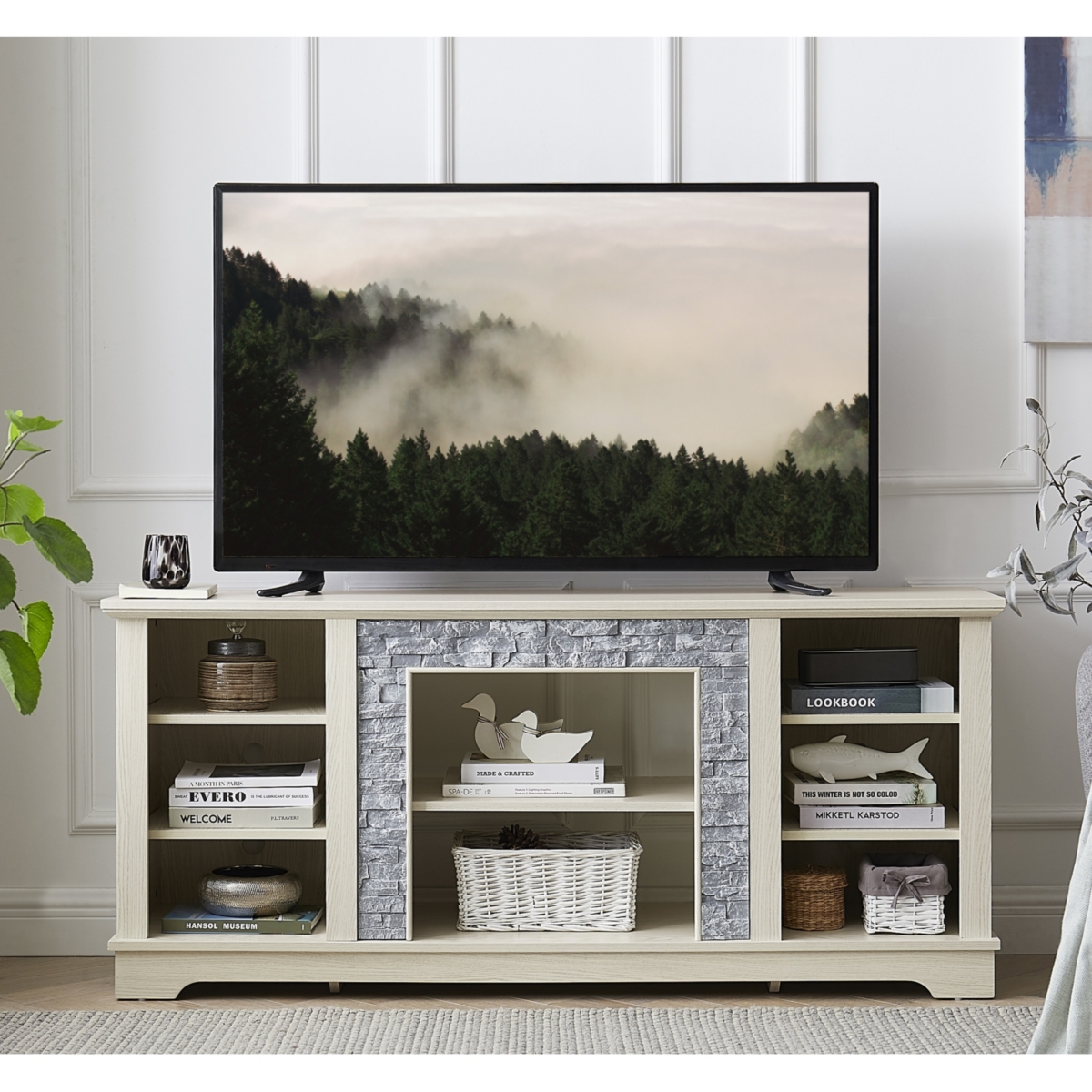 Mantel Stone Tv Media Stand with Faux Stone Surround