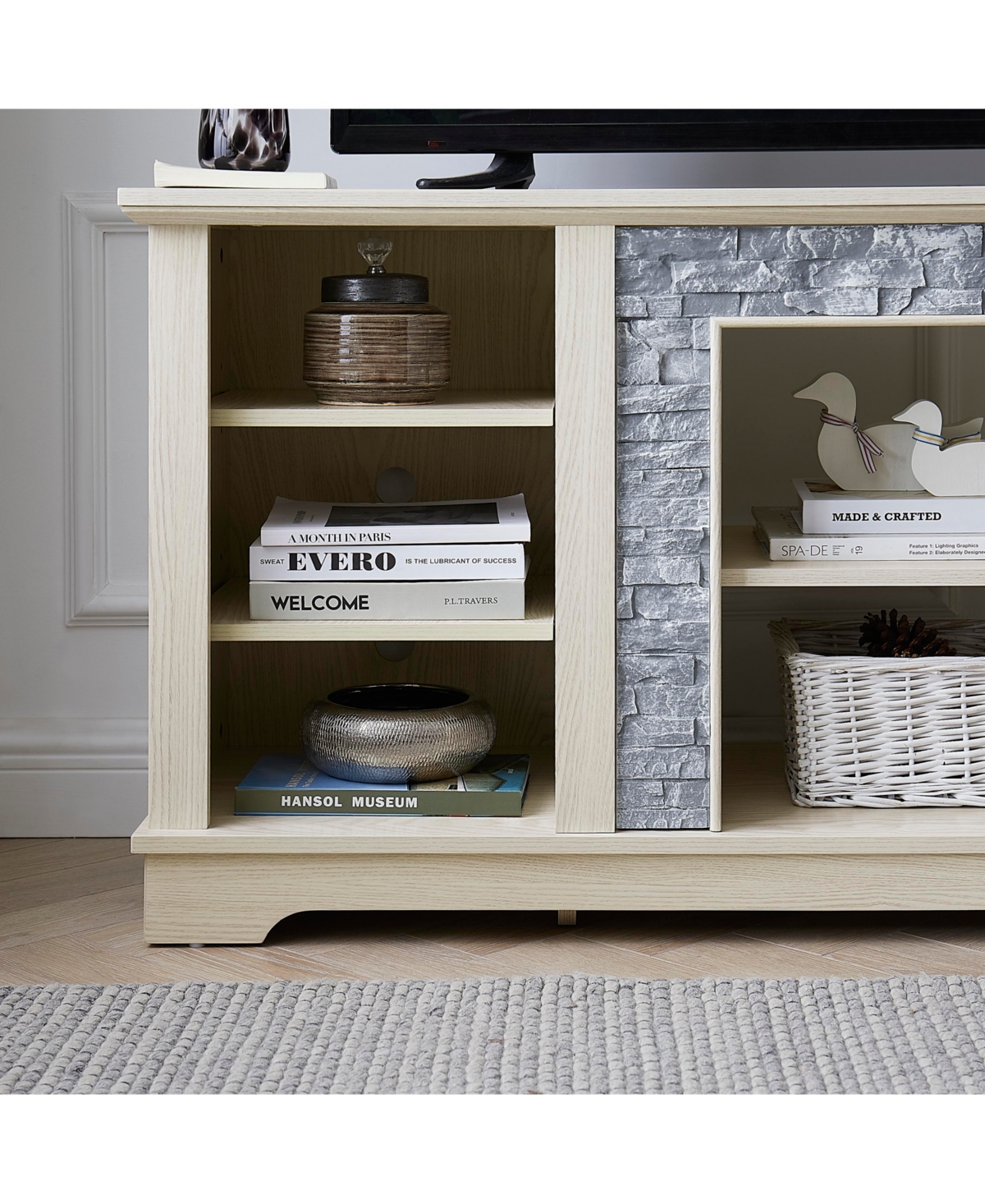 Mantel Stone Tv Media Stand with Faux Stone Surround