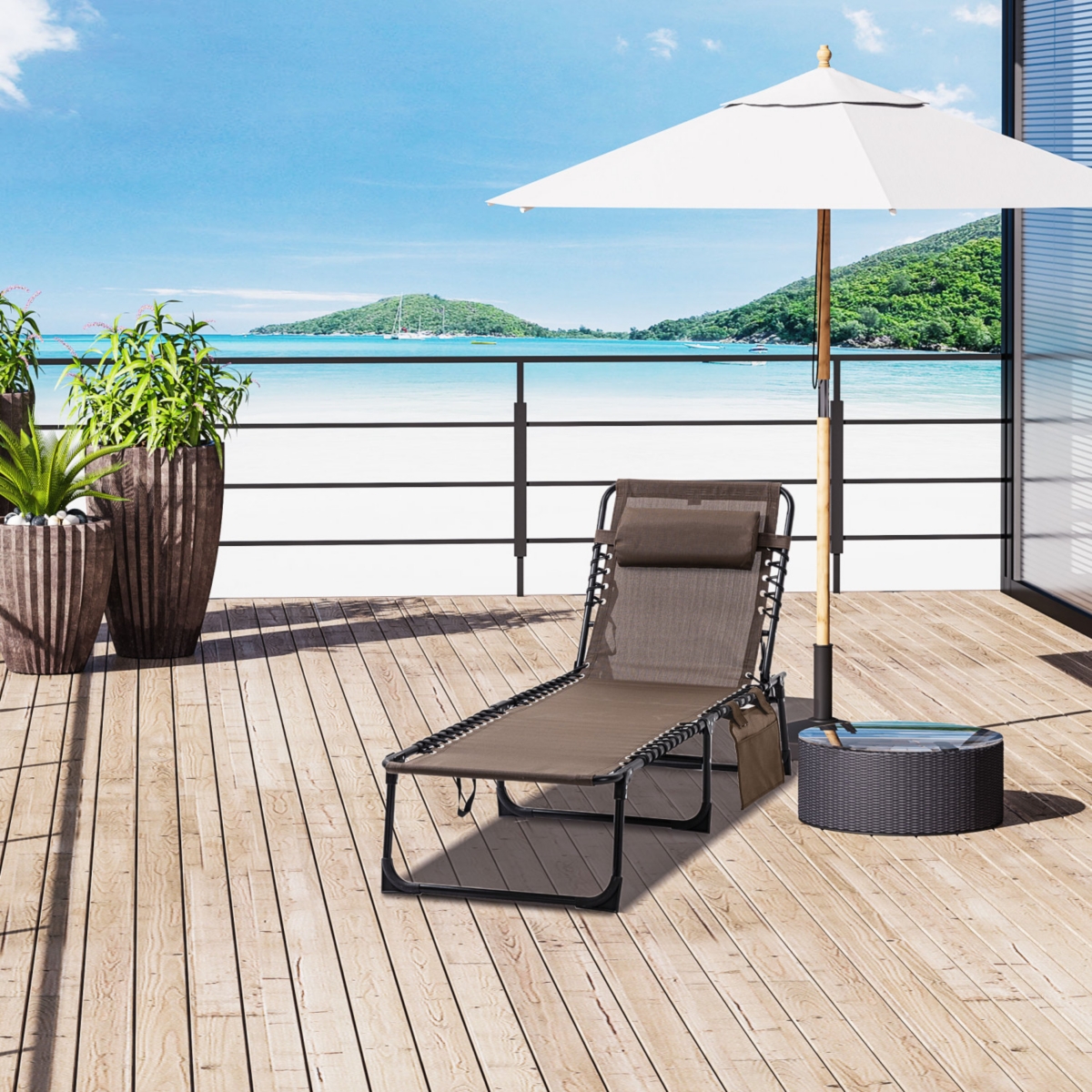 Folding Reclining Outdoor Lounger with Pillow