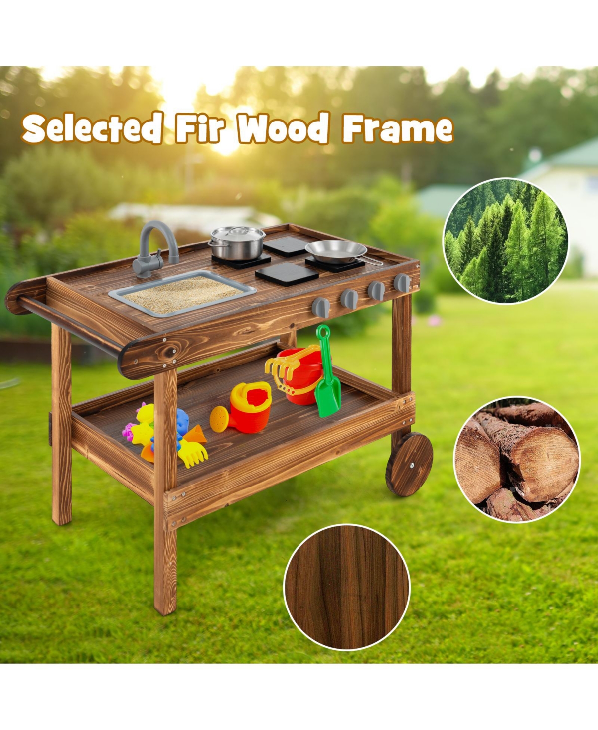 Vebreda Outdoor Movable Mud Kitchen with 2 Rolling Wheels and 1 Push Handle- Natural