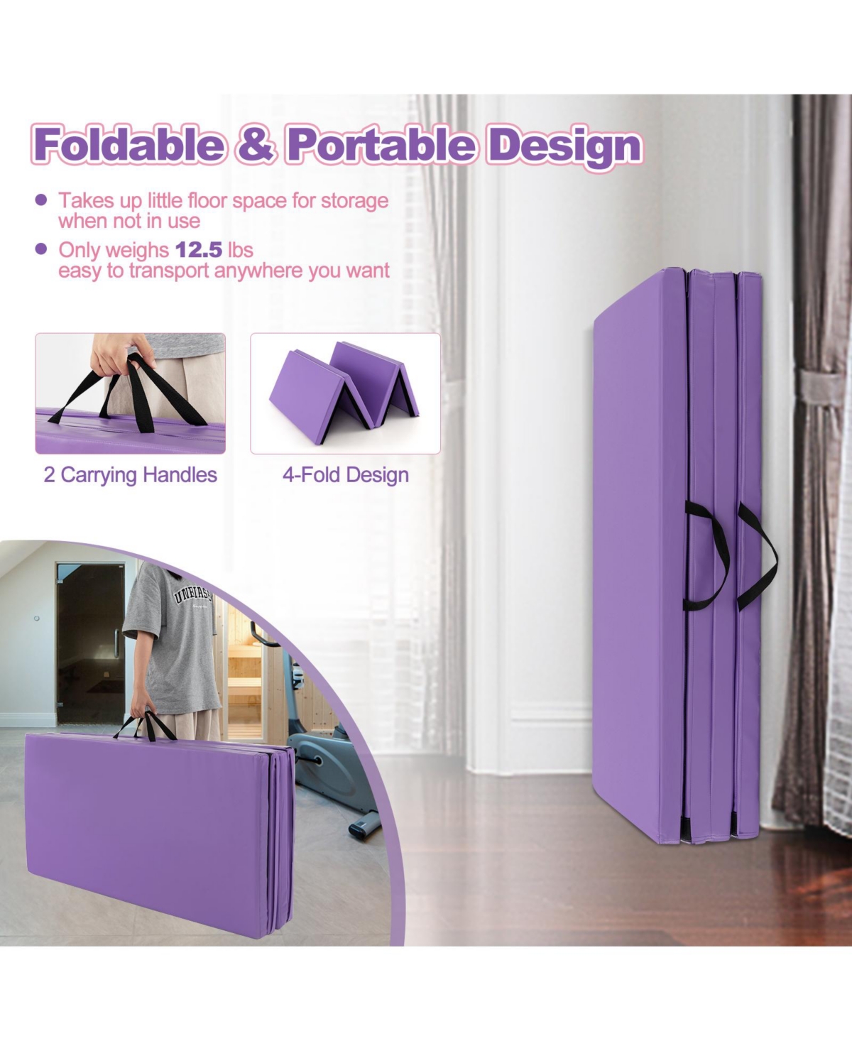 Vebreda Folding Gymnastics Mat with Carry Handles and Sweatproof Detachable Pu Leather Cover- Purple