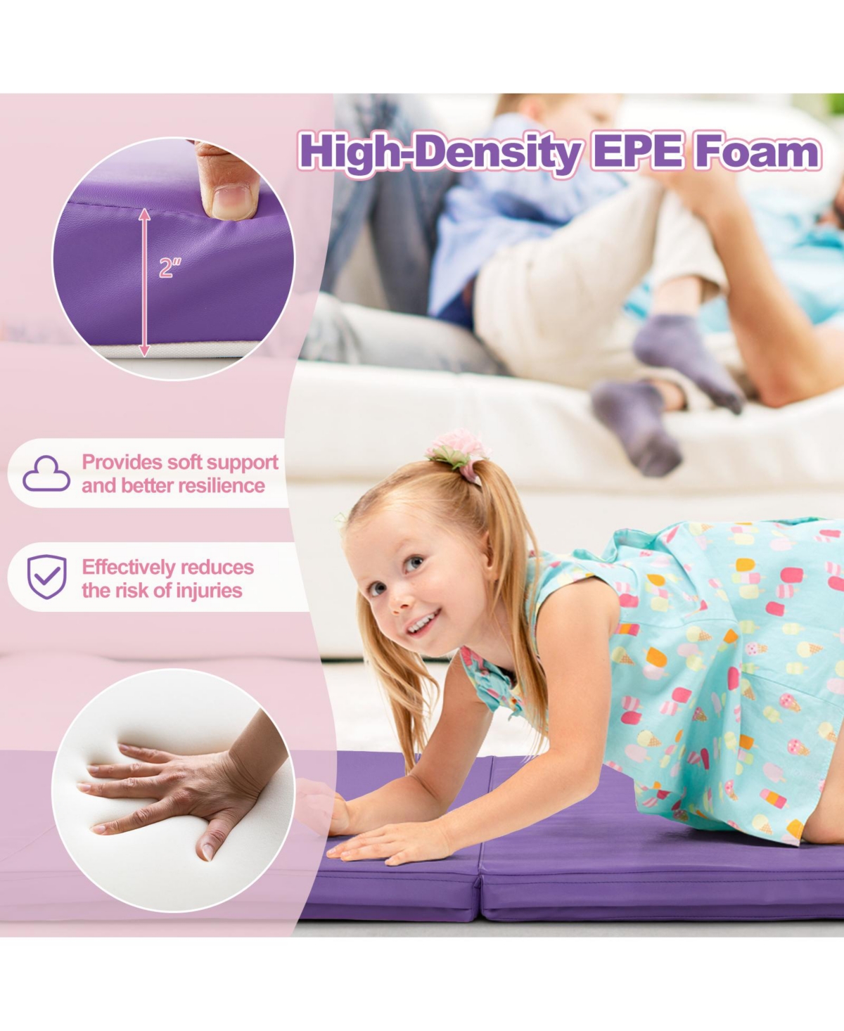 Vebreda Folding Gymnastics Mat with Carry Handles and Sweatproof Detachable Pu Leather Cover- Purple