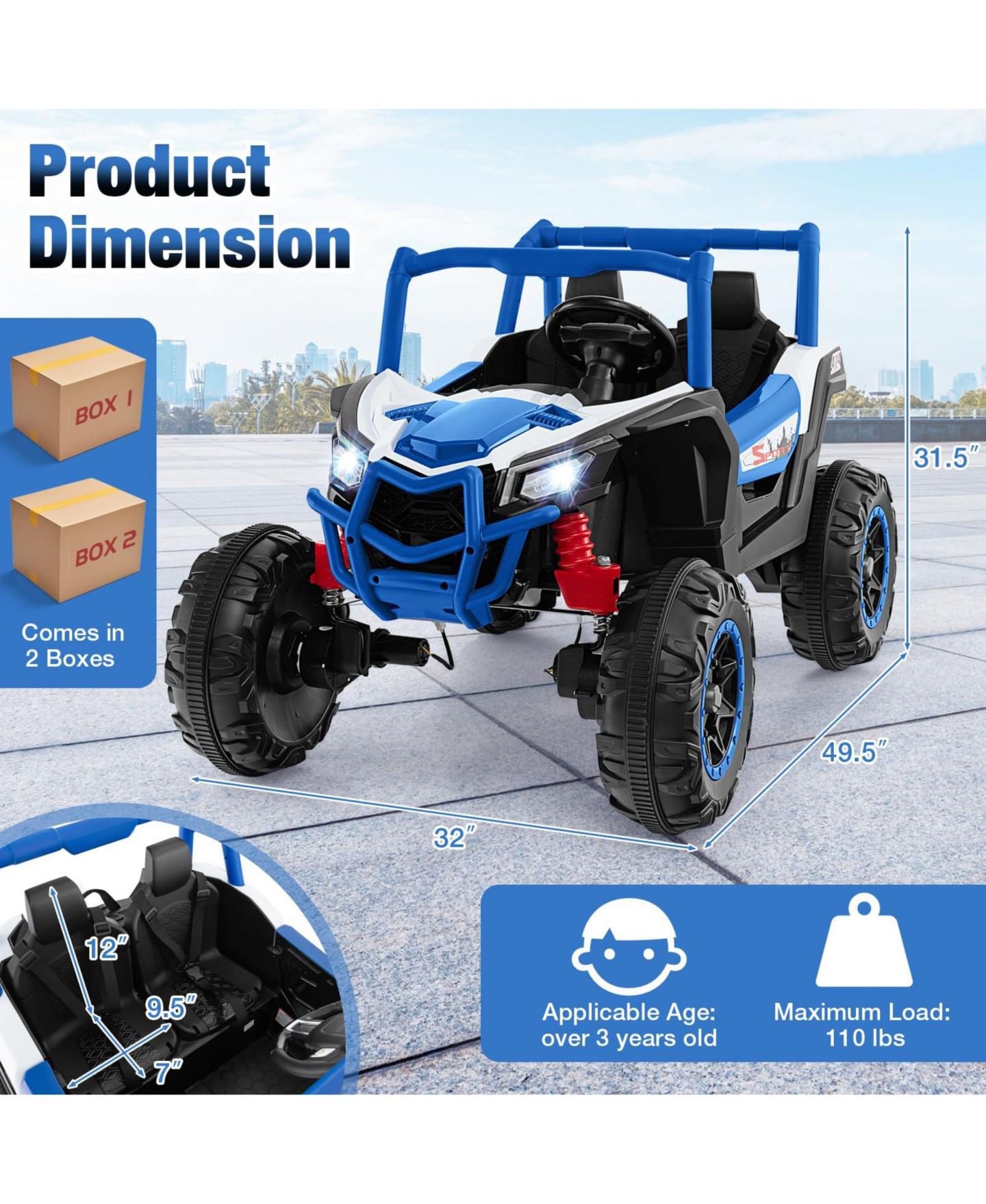 Детская игрушка VEBREDA 24V 2.4G Remote Control 2-Seater Ride-On UTV, Ages 3+, цвет: Синий — фото 8