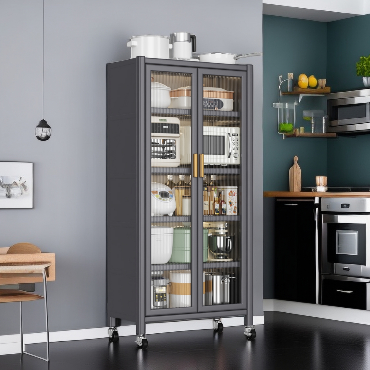 Streamdale Open-Door Kitchen Shelves | Multilevel Microwave Cabinet Storage - Grey