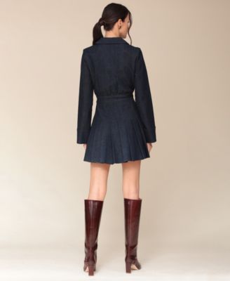 open lace back dress Denim Pleated Mini Dress LT Blue / S