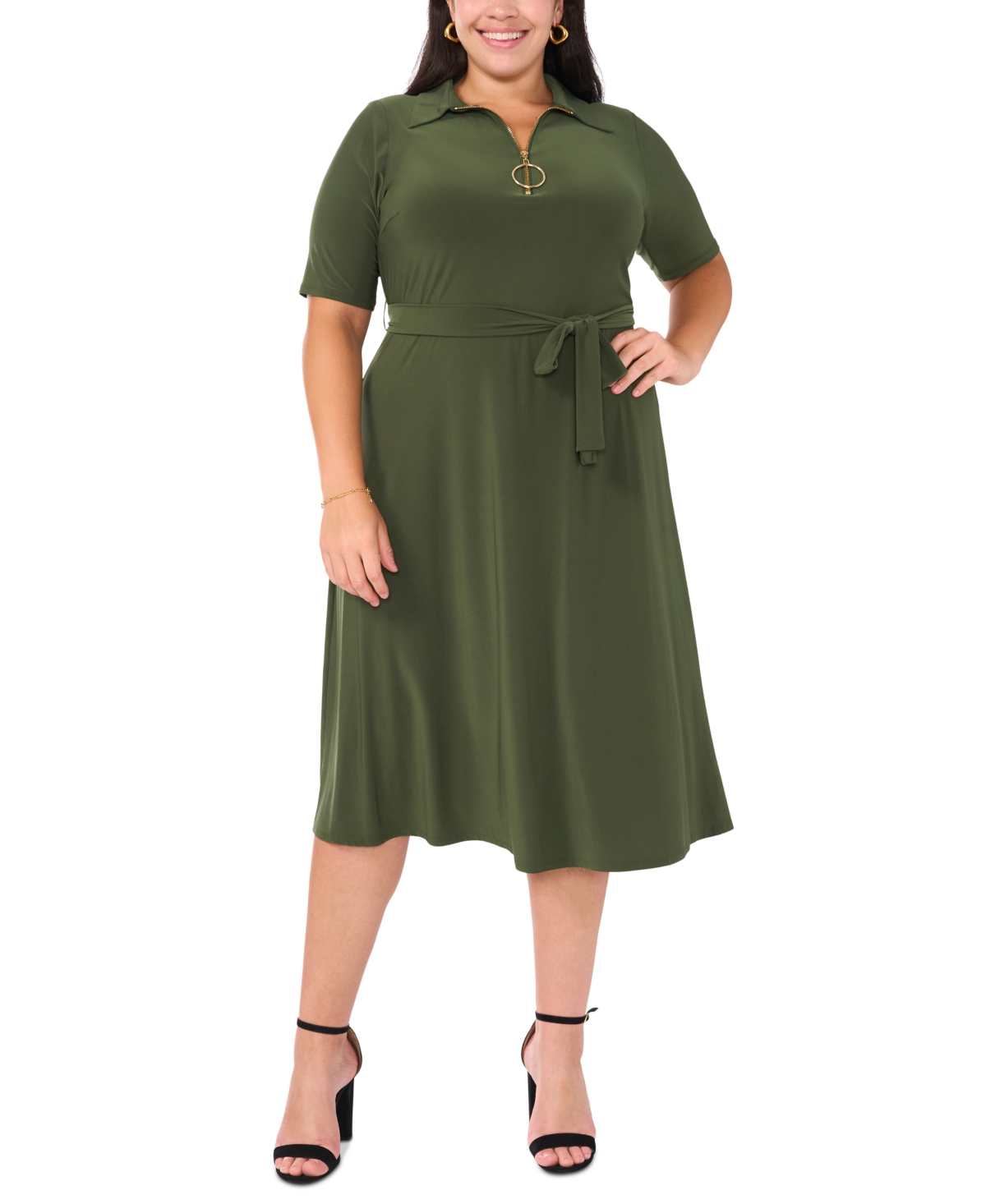 Plus Size Collared Tie-Waist Short-Sleeve Midi Dress - Olympia Green