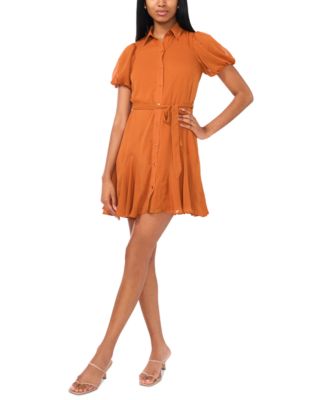 MSK Petite Puff-Sleeve Belted Shirtdress - Macy's