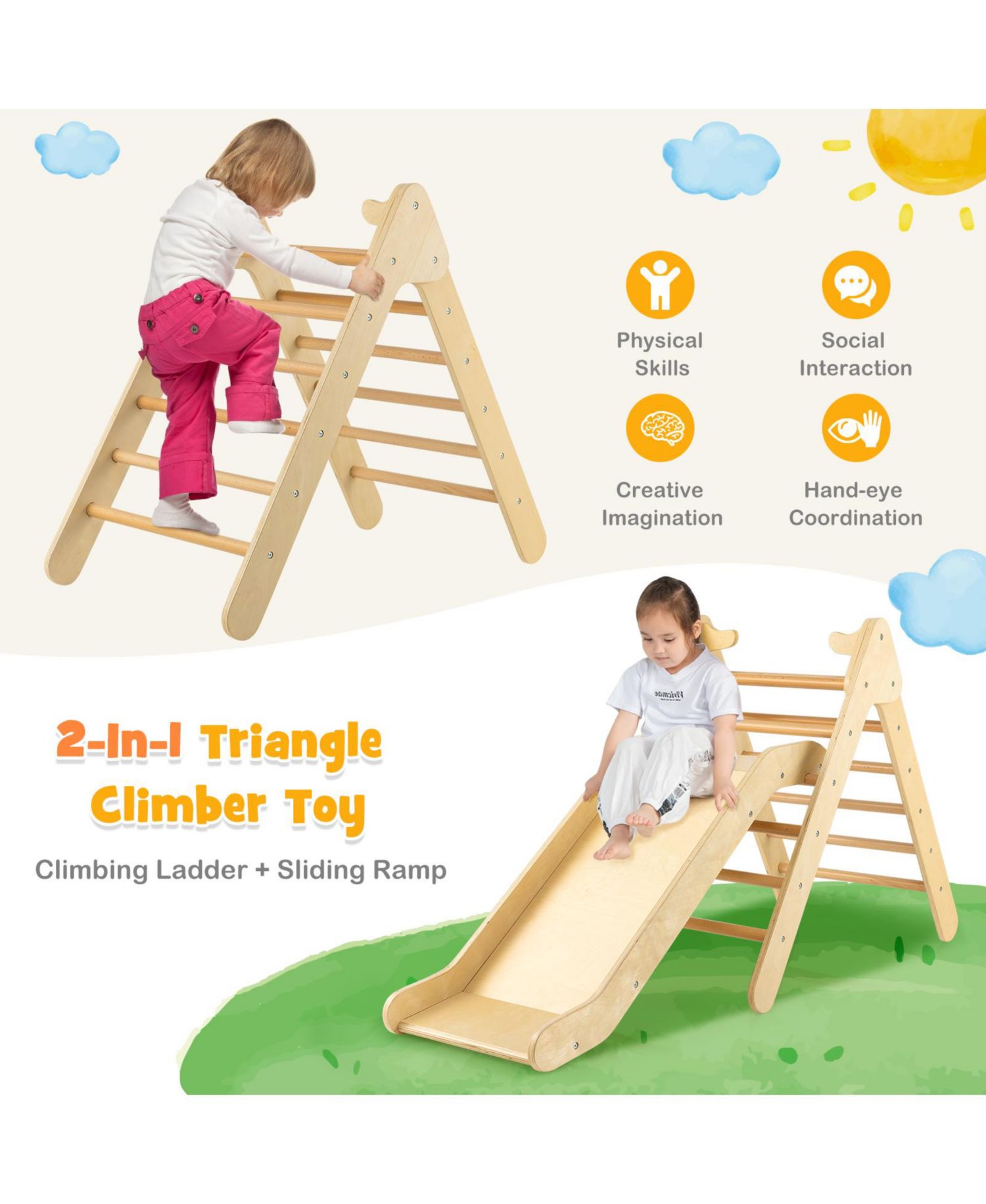 Ages 1+ 2-in-1 Wooden Triangle Climber with Adjustable Slide, 2-Piece Set
