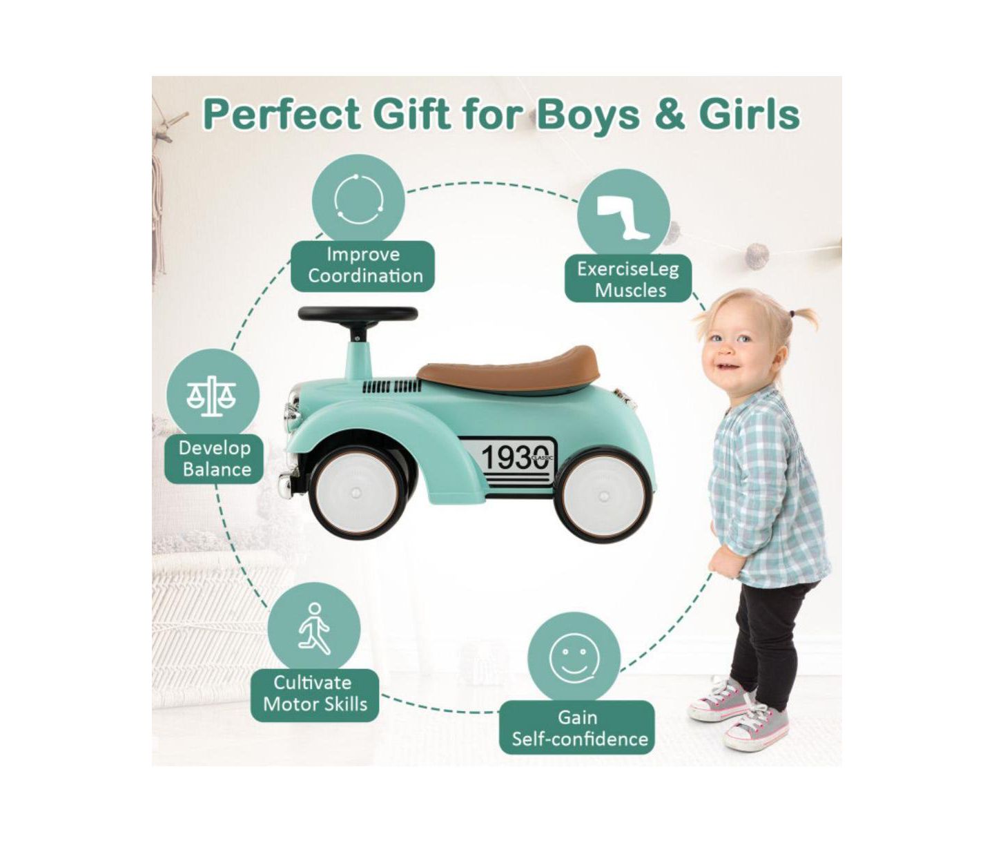 Детская игрушка VEBREDA Sit-to-Stand Vehicle with Working Steering Wheel and Under-Seat Storage, 23"L x 10.5"W x 13.5"H, Ages 12-36 Months, цвет: Зелёный — фото 5