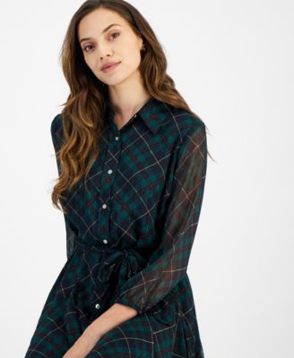 tommy hilfiger sheer sleeve dress Tommy Hilfiger Women's Argyle-Print Sheer-Sleeve Dress