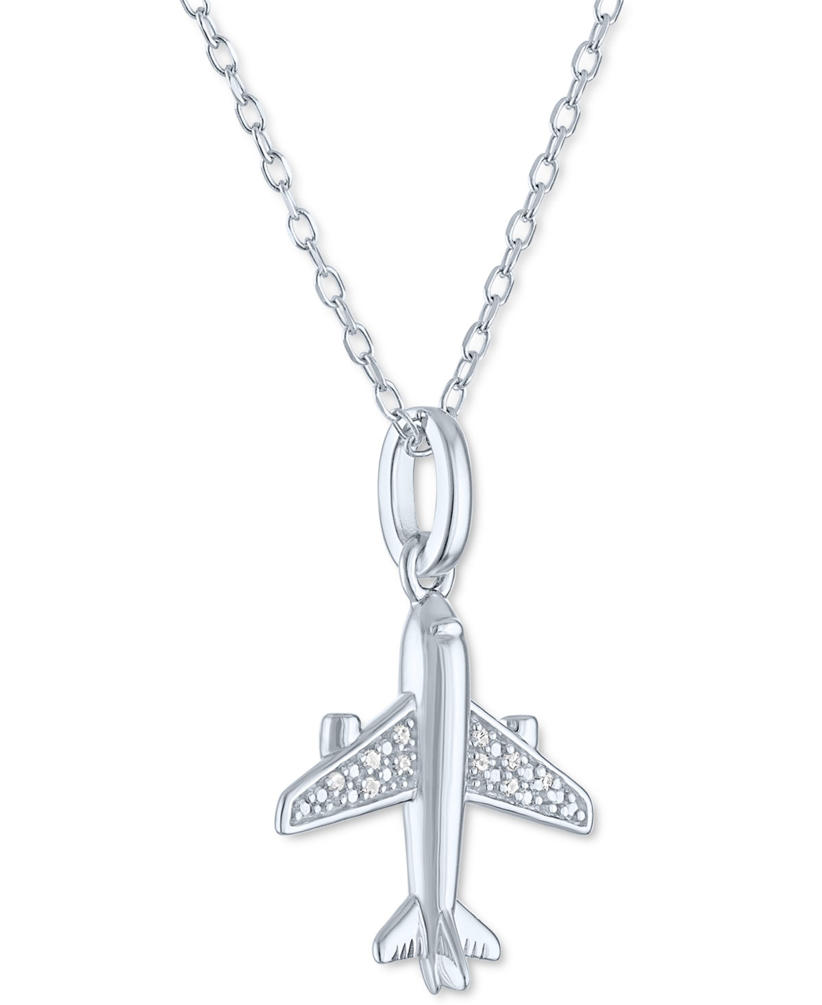 MACY'S DIAMOND ACCENT AIRPLANE PENDANT NECKLACE IN STERLING SILVER, 16" + 2" EXTENDER 