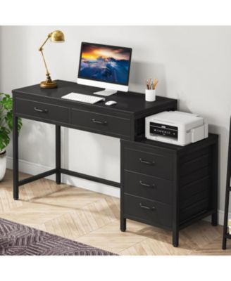 Computer Desk with 5 Drawers, Home Office Desks with Reversible Drawer Cabinet Printer Stand, Rustic Study Writing Table Workstation