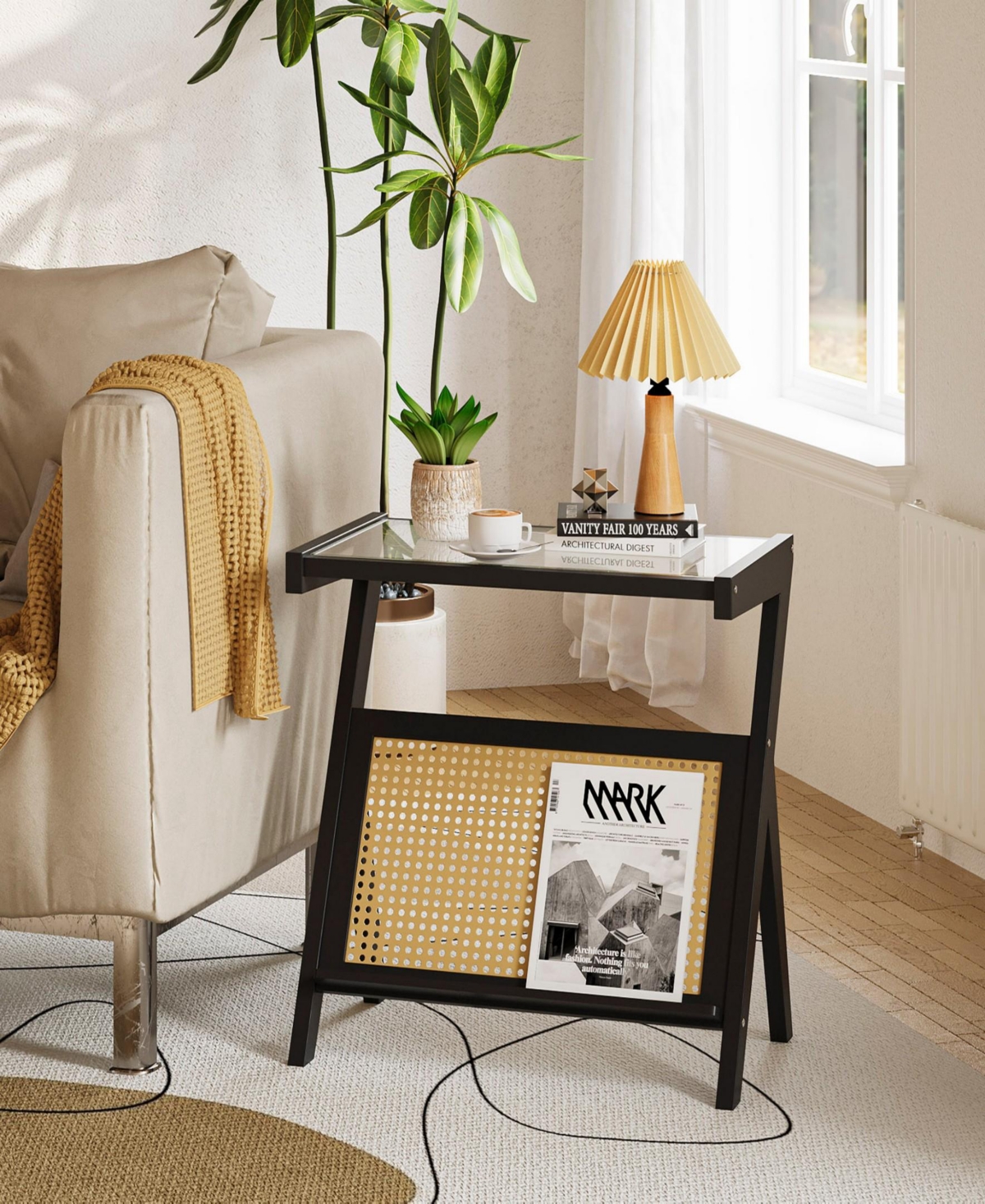 Sugift Rattan Side Table Bamboo Accent Bedside Table with Tempered Glass Top Black