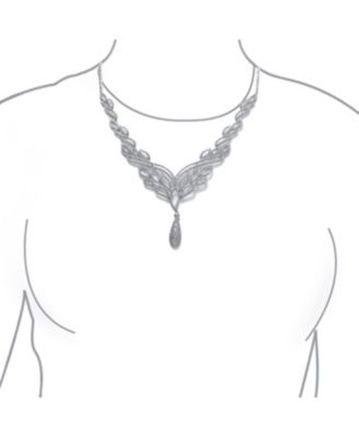 Art Deco-Inspired Leaf Statement Collar Necklace With Cleavage Dangling Teardrop Micro Pave Cubic Zirconia CZ