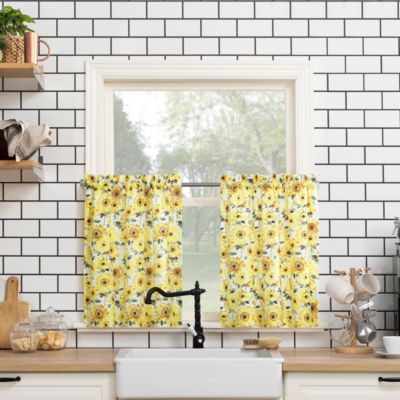 Sunny Sunflower Print Semi-Sheer Rod Pocket Kitchen Curtain Valance and Tiers Set
