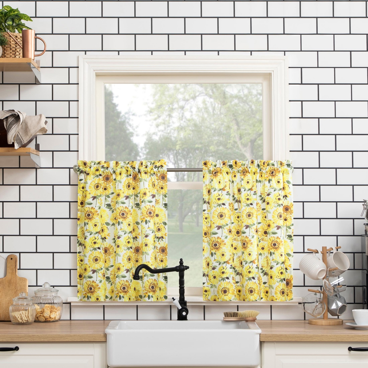Sunny Sunflower Print Semi-Sheer Rod Pocket Kitchen Curtain Valance and Tiers Set