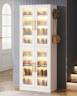 Tall Shoe Cabinet with Acrylic Doors and LED Lights, 8-Tier Entryway Shoe Storage Rack with Adjustable Shelves and Hanging Hooks