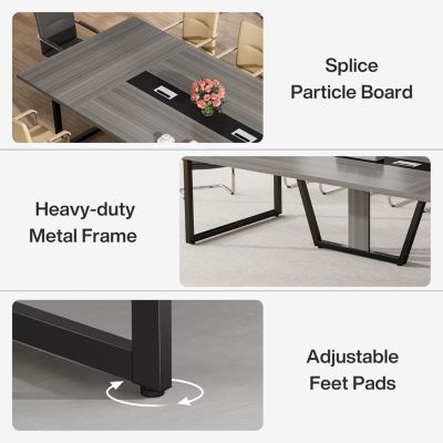 94.5-Inch Conference Table for 10 People, Industrial 8 FT Meeting Table with Two Grommets, Rectangular Podcast Training Table