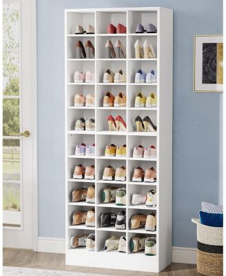 10-Tier Shoe Storage Cabinet, Gray Wooden Shoe Rack with 30 Cubbies, Freestanding Tall Entryway Shoe Organizer