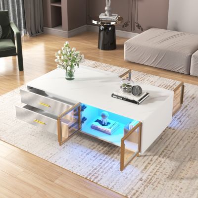 White Coffee Table with Storage, Gold Legs, LED Lighting (47.2")