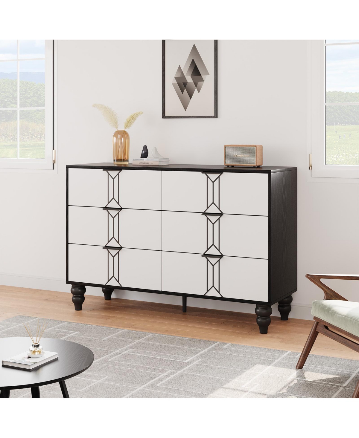 gaomon 6 Drawer Dresser with Deep Drawers for Bedroom, Modern Wooden Chest Dresser with Deep Drawers with Vintage Pattern Design, Metal Handle, Black