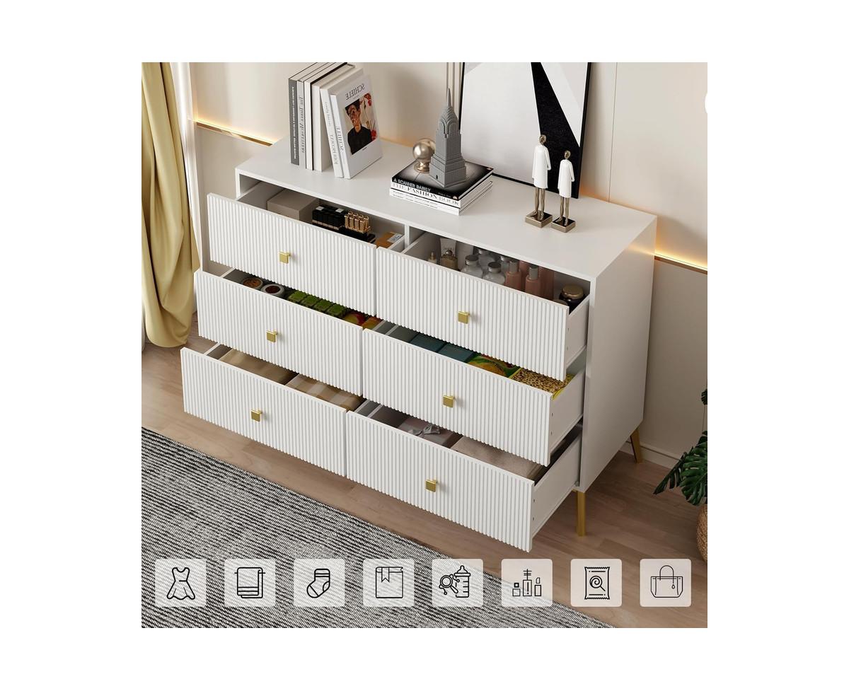 gaomon 6 Drawer Dresser for Bedroom,Modern Bedroom Dresser,Flutedand Gold Dresser with Curved Profile Design,Wood Storage Dressers & Chests of