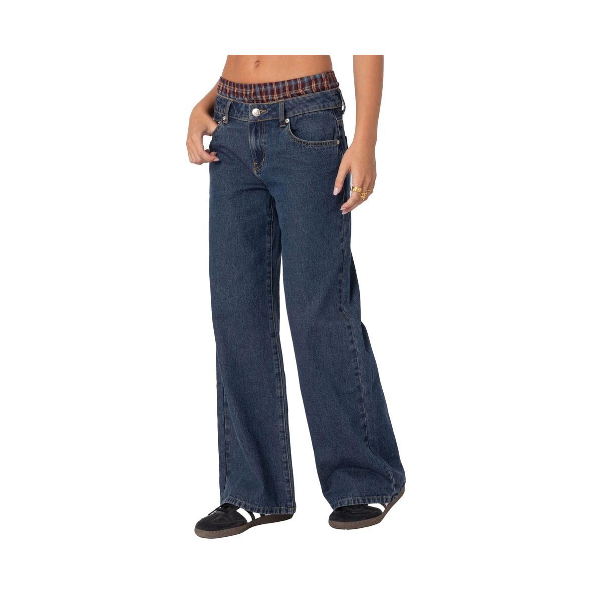 Edikted Women's Plaid Boxer Detail Relaxed Jeans