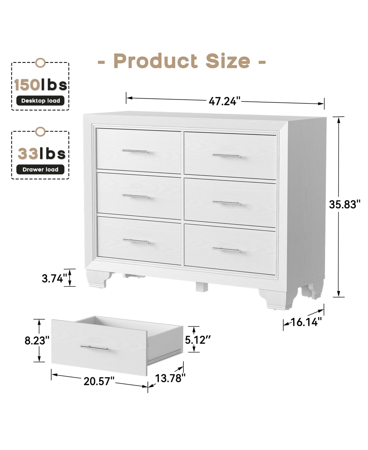 gaomon French Vintage Dresser for Bedroom with 6 Drawers, Vintage Design Wood Drawer Dresser Chest of Drawers for Closet, Living Room, Hallway, Nurser