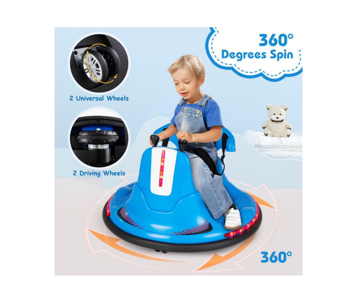 Детская игрушка VEBREDA 6V Bumper Car 360-Degree Spin Ride-On Car, Ages 3+, цвет: Синий — фото 9