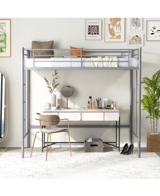 Twin Metal Loft Bed Frame w/ 2 Ladders Full-length Guardrail Space-Saving Silver