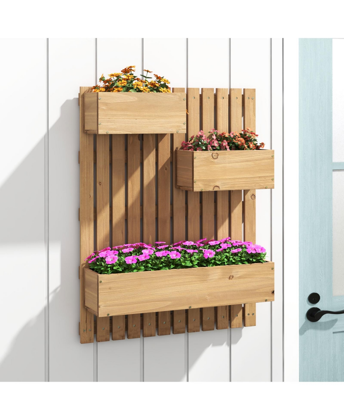 Givimo 3-Box Wooden Raised Garden Bed with Trellises and Fabric Liners- Natural