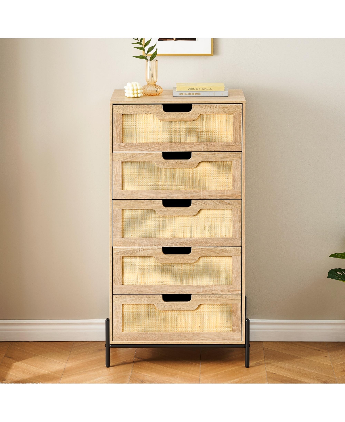 gaomon Modern Rattan 5 Drawers Dresser, Double Dresser for Bedroom, Chest of Drawers Closet Organizers and Storage Clothes for Bedroom Living Room Hal