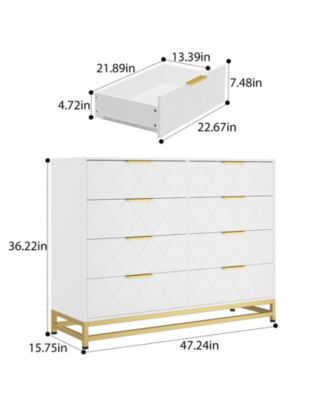 SLifet 8 Drawer Dresser with Metal Handles,Modern Wood Chest of Drawers,Sturdy Frame Bedroom Furniture with Deep Drawers,Anti-Tipping Device, for Closet Hallway,Office, Living Room White_17.75"D x 47.24"W x 36.22"H