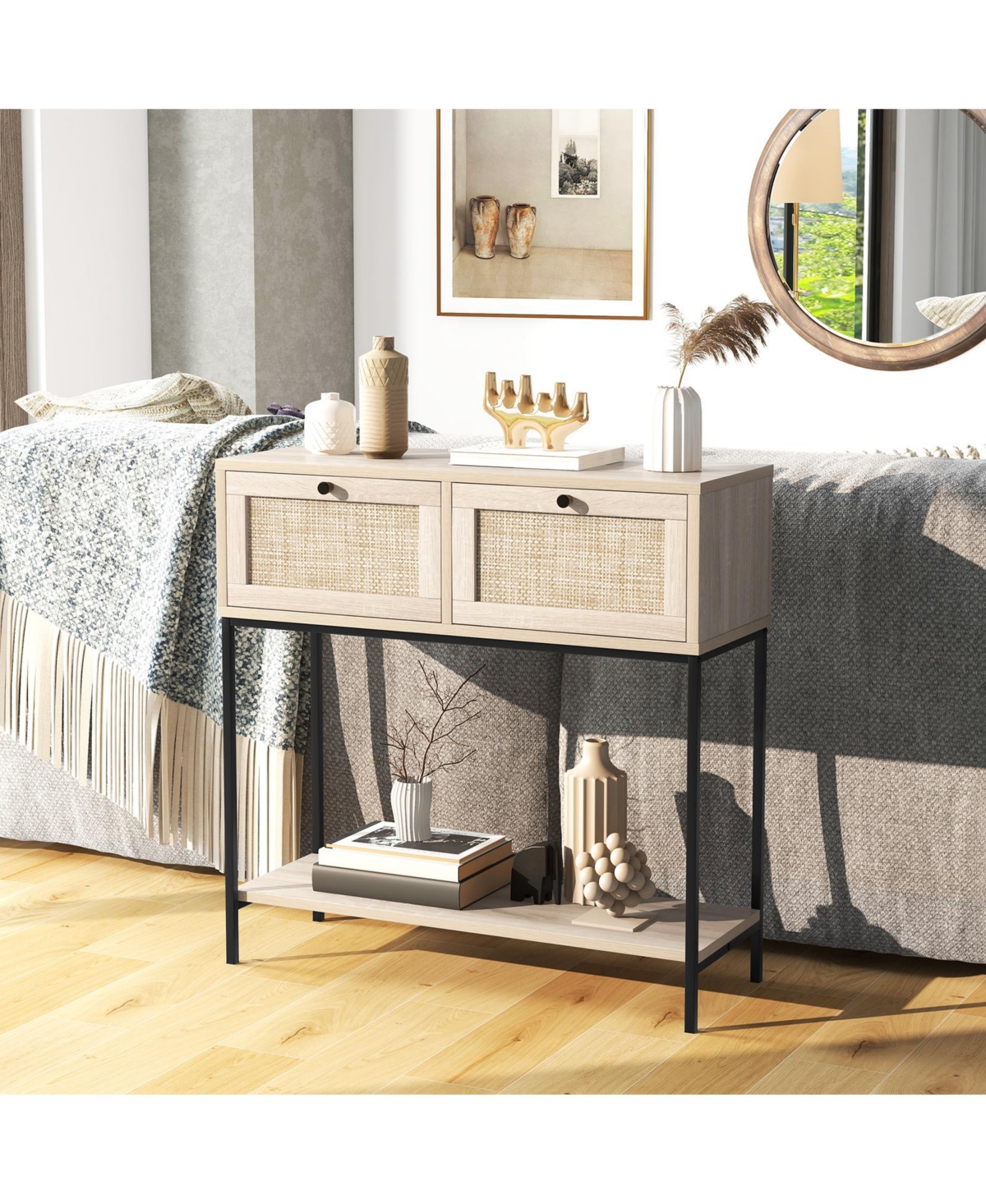 Sugift Rattan Console Table Boho Entryway Table with 2 Rattan Drawers and Open Storage Shelf-Oak