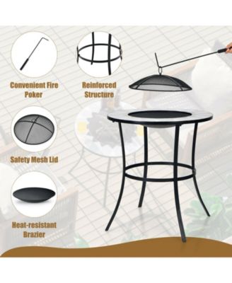 23.5 Inches Round Fire Pit Table with Mesh Cover and Fire Poker