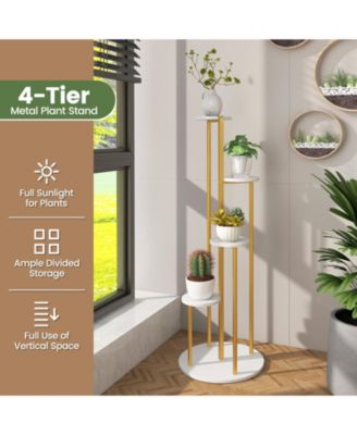 Indoor Metal Plant Stand Corner Plant Shelf for Potted Plant with Golden Metal Frame-White