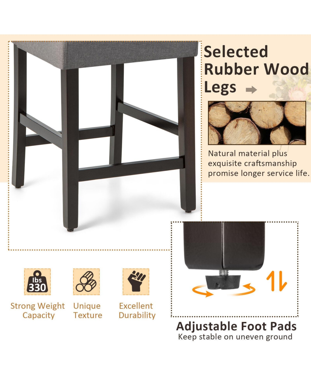 Skonyon Set of 2 Upholstered Counter Height Bar Stools with Rubber Wood Legs