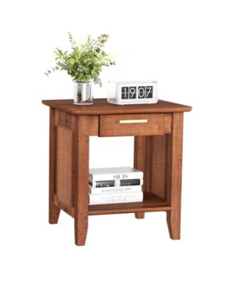 Rattan Nightstand End Table with Drawer and Storage Shelf-Walnut