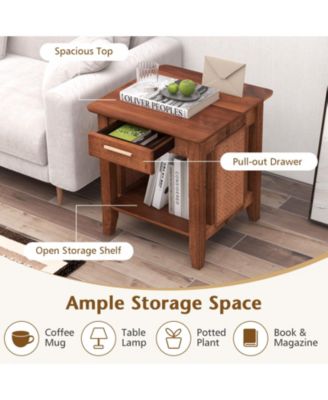 Rattan Nightstand End Table with Drawer and Storage Shelf-Walnut