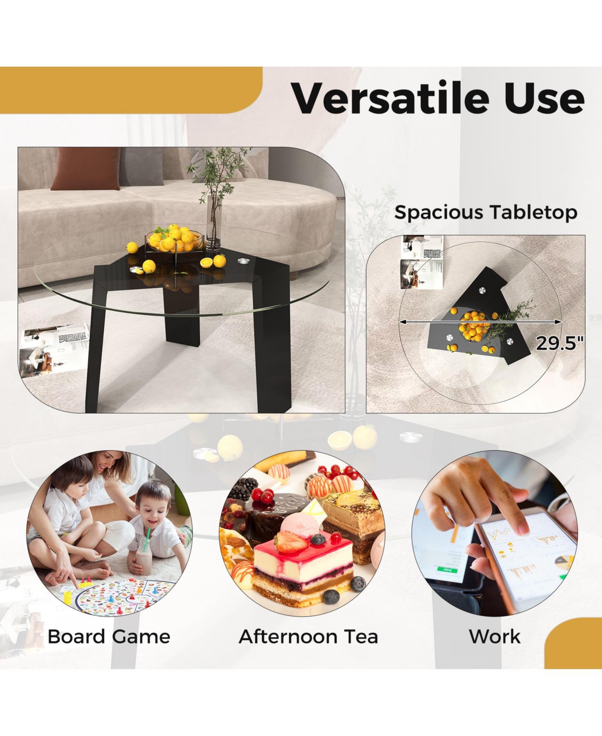 Skonyon 29.5 Inch Round Glass Coffee Table with Solid Rubber Wood Legs for Living Room Home Office Space- Black