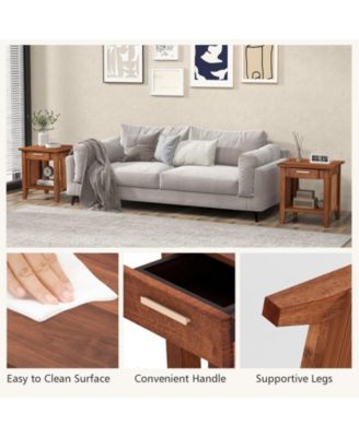 Rattan Nightstand End Table with Drawer and Storage Shelf-Walnut