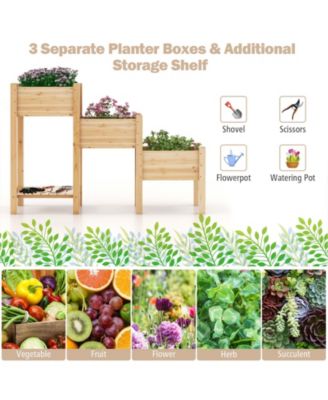3-Tier Wooden Raised Garden Bed with Open Storage Shelf-Natural